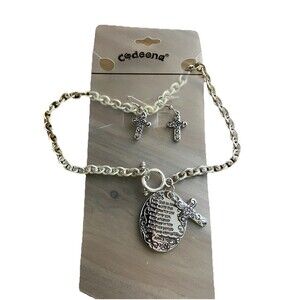 Cross Prayer Pendant Chain Link Necklace And Earrings Silver Alloy